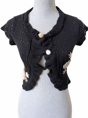 Blanche Cropped Knit Cardigan TU Black Floral Crochet Boho Anthropologie Style